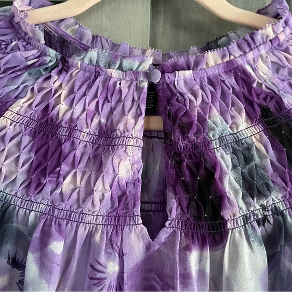 WHBM White House Black Market long sleeve smocked‎ blouse Luna floral pansy L - Picture 6 of 13